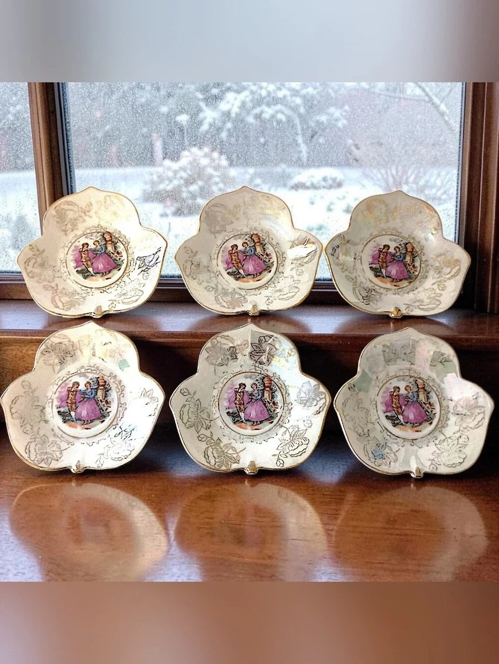 6 Lustreware Courting Couple Demitasse Saucers Gold Gilt Porcelain Leaf Shaped